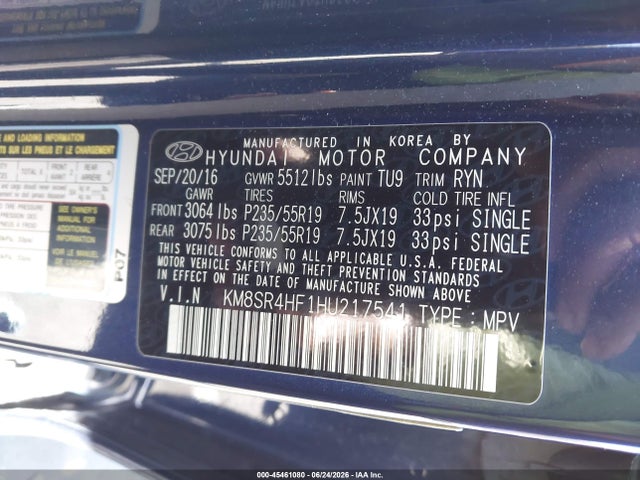 KM8SR4HF1HU217541 Hyundai Santa Fe Limited Ultimate