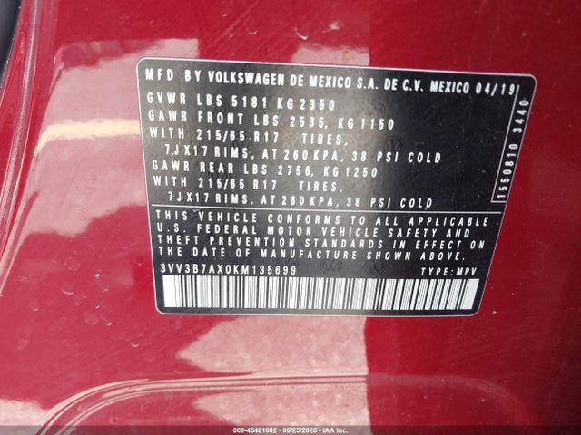 Продажа на аукционе авто 2019 Volkswagen Tiguan 2.0t Se/2.0t Sel/2.0t Sel R-line/2.0t Sel R-line Black, vin: 3VV3B7AX0KM135699, номер лота: 45461082