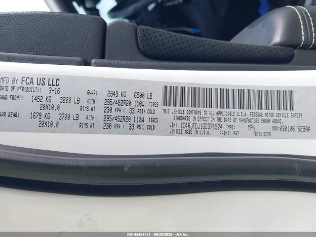 Продаж на аукціоні авто 2016 Jeep Grand Cherokee Srt, vin: 1C4RJFDJ1GC371574, номер лоту: 45461083