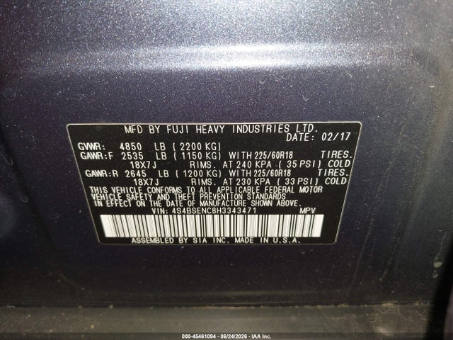 45461094 :رقم المزاد ، 4S4BSENC8H3343471 vin ، 2017 Subaru Outback 3.6r Limited مزاد بيع