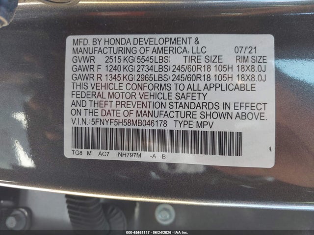 5FNYF5H58MB046178 Honda Pilot 2wd Ex-l