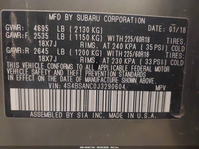 Продаж на аукціоні авто 2018 Subaru Outback 2.5i Limited, vin: 4S4BSANC0J3290604, номер лоту: 45461154