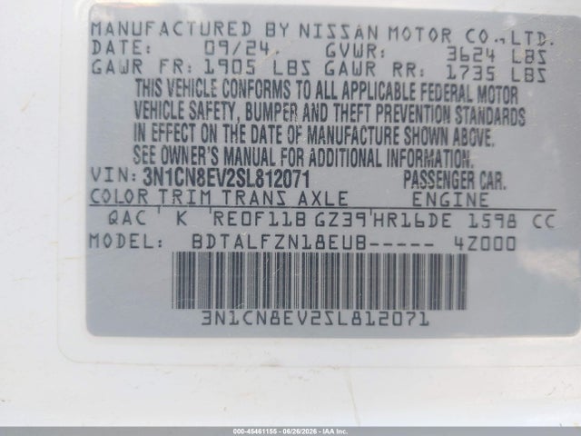 2025 Nissan Versa 1.6 Sv მანქანა იყიდება აუქციონზე, vin: 3N1CN8EV2SL812071, აუქციონის ნომერი: 45461155