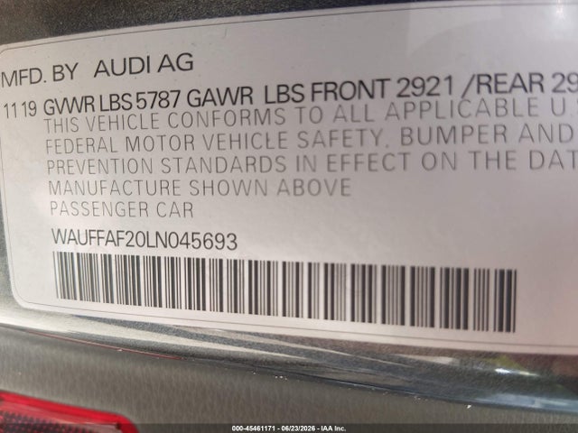 Продаж на аукціоні авто 2020 Audi S6 Prestige Tfsi Quattro Tiptronic, vin: WAUFFAF20LN045693, номер лоту: 45461171