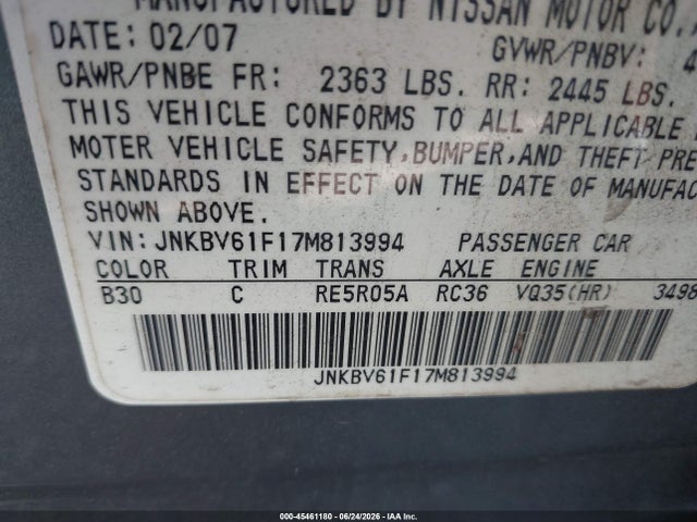 Aukcja sprzedaży 2007 Infiniti G35x, vin: JNKBV61F17M813994, numer aukcji: 45461180