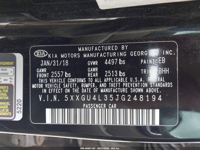 Aukcja sprzedaży 2018 Kia Optima Ex, vin: 5XXGU4L35JG248194, numer aukcji: 45461182