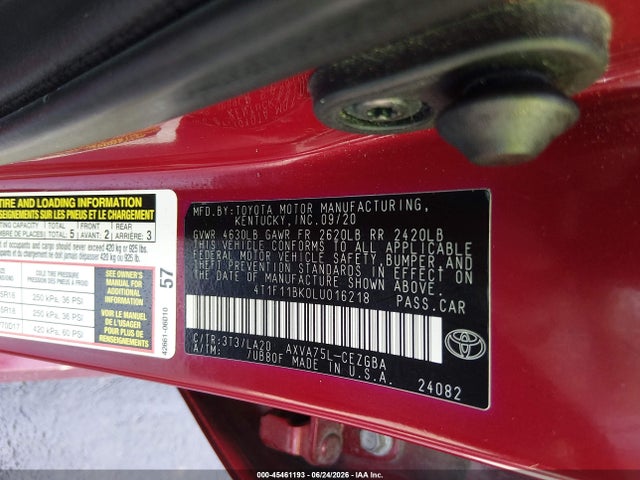 2020 Toyota Camry Xle Awd მანქანა იყიდება აუქციონზე, vin: 4T1F11BK0LU016218, აუქციონის ნომერი: 45461193