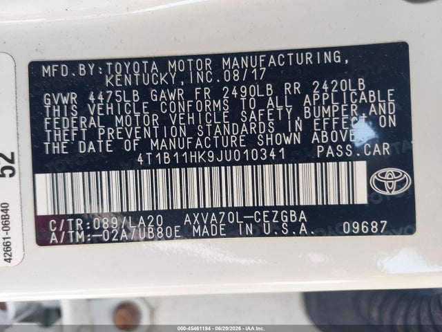 4T1B11HK9JU010341 Toyota CAMRY XLE