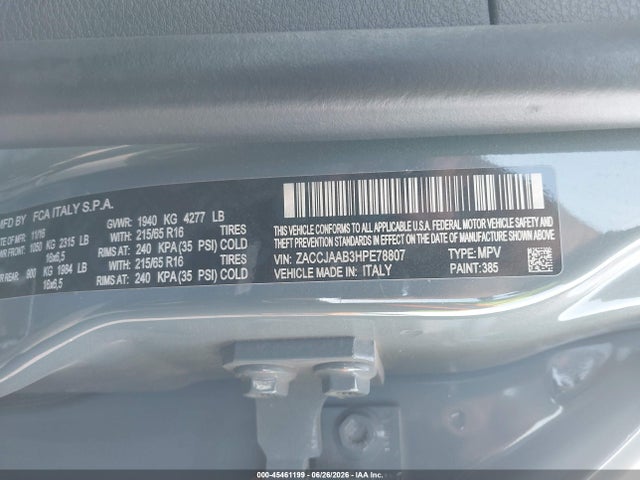 Продажа на аукционе авто 2017 Jeep Renegade Sport, vin: ZACCJAAB3HPE78807, номер лота: 45461199