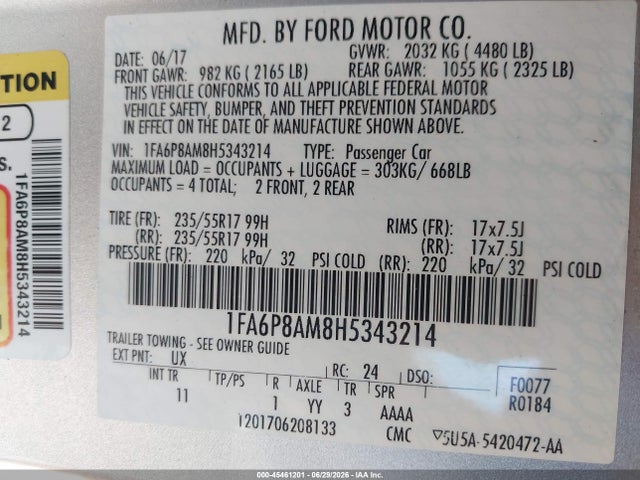 Продаж на аукціоні авто 2017 Ford Mustang V6, vin: 1FA6P8AM8H5343214, номер лоту: 45461201