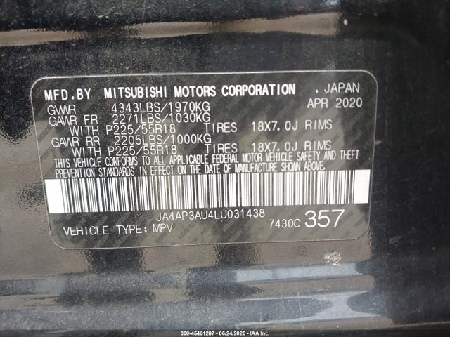 45461207 :رقم المزاد ، JA4AP3AU4LU031438 vin ، 2020 Mitsubishi Outlander Sport 2.0 Es مزاد بيع
