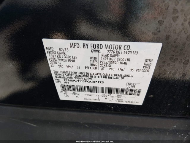Auction sale of the 2015 Ford Explorer Limited, vin: 1FM5K7F83FGC07175, lot number: 45461208
