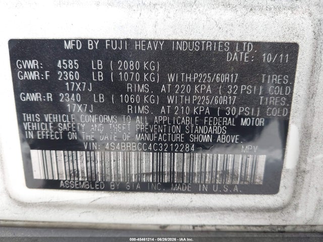 Продаж на аукціоні авто 2012 Subaru Outback 2.5i Premium, vin: 4S4BRBCC4C3212284, номер лоту: 45461214