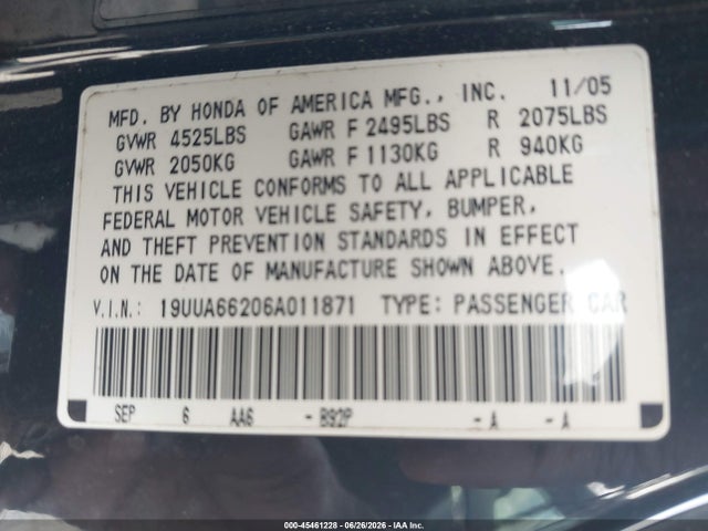 45461228 :رقم المزاد ، 19UUA66206A011871 vin ، 2006 Acura Tl مزاد بيع