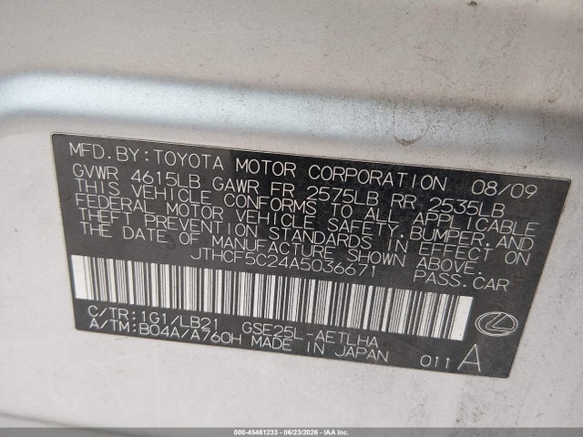 Aukcja sprzedaży 2010 Lexus Is 250, vin: JTHCF5C24A5036671, numer aukcji: 45461233
