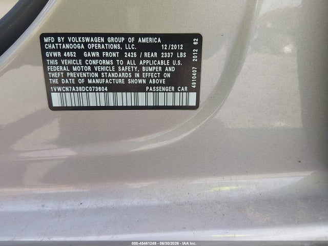 Aukcja sprzedaży 2013 Volkswagen Passat 2.0l Tdi Sel Premium, vin: 1VWCN7A38DC073604, numer aukcji: 45461249