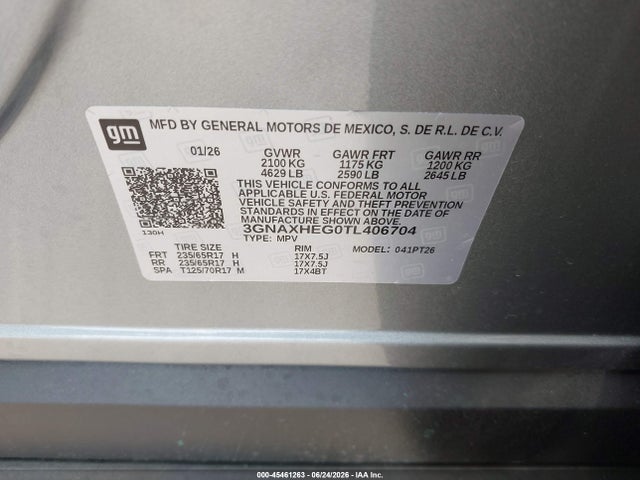 Продажа на аукционе авто 2026 Chevrolet Equinox Fwd Lt, vin: 3GNAXHEG0TL406704, номер лота: 45461263