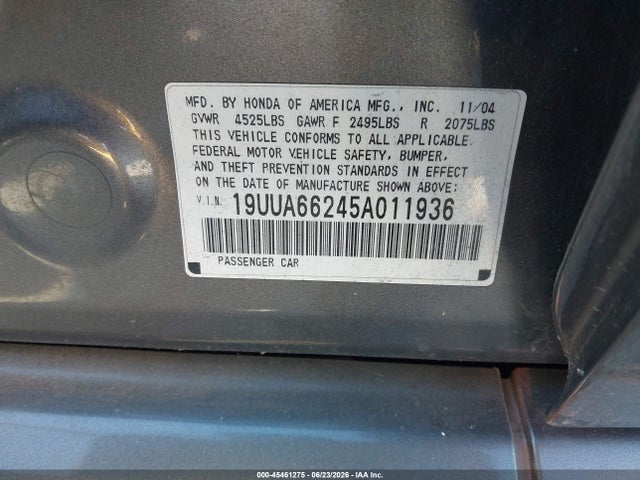 2005 Acura Tl მანქანა იყიდება აუქციონზე, vin: 19UUA66245A011936, აუქციონის ნომერი: 45461275