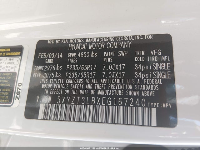 2014 Hyundai Santa Fe Sport 2.4l მანქანა იყიდება აუქციონზე, vin: 5XYZT3LBXEG167240, აუქციონის ნომერი: 45461286