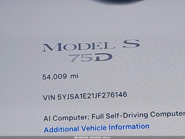 Продаж на аукціоні авто 2018 Tesla Model S, vin: 5YJSA1E21JF276146, номер лоту: 45461298