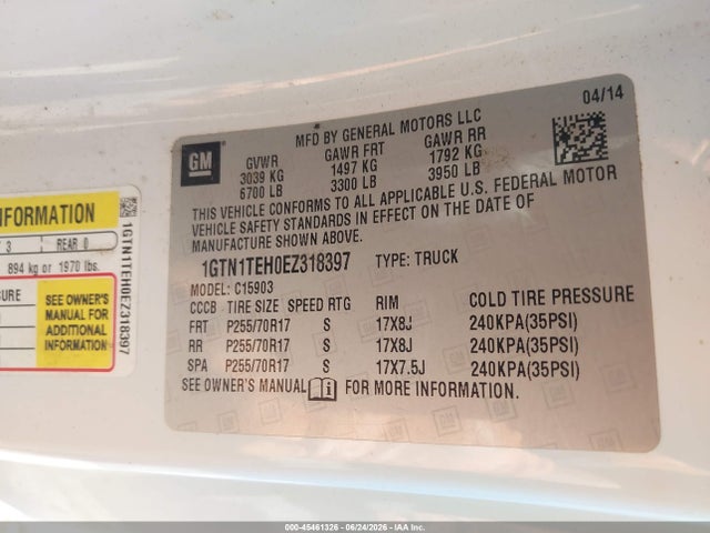 2014 Gmc Sierra 1500 მანქანა იყიდება აუქციონზე, vin: 1GTN1TEH0EZ318397, აუქციონის ნომერი: 45461326
