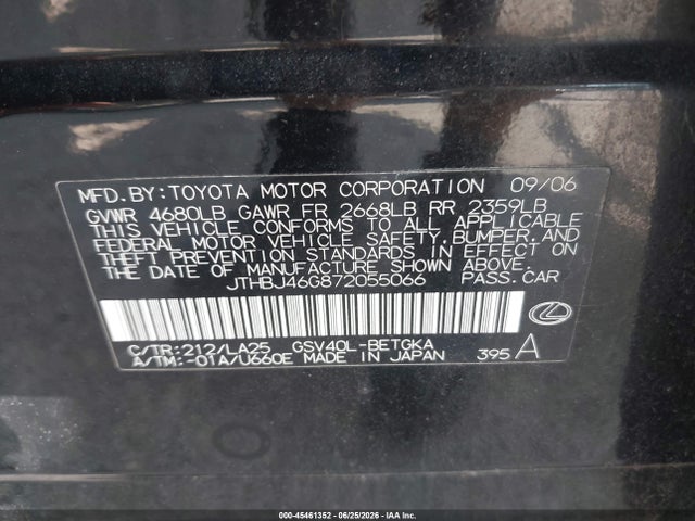 Aukcja sprzedaży 2007 Lexus Es 350, vin: JTHBJ46G872055066, numer aukcji: 45461352