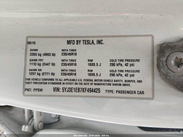 Aukcja sprzedaży 2019 Tesla Model 3 Long Range/performance, vin: 5YJ3E1EB7KF494425, numer aukcji: 45461355