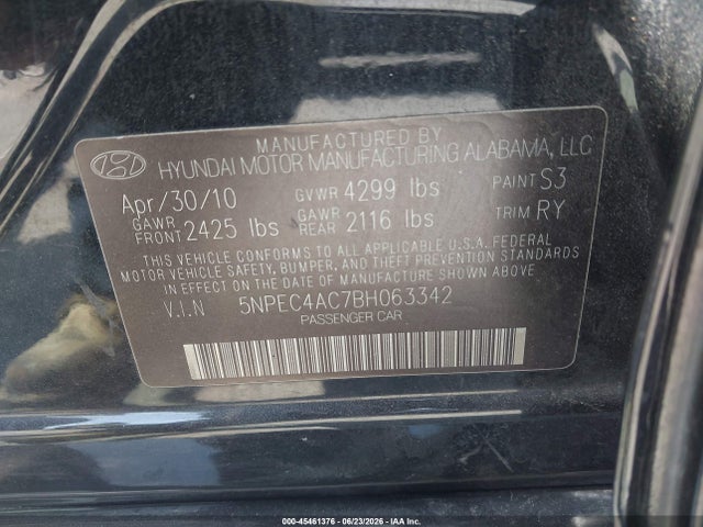 2011 Hyundai Sonata Se მანქანა იყიდება აუქციონზე, vin: 5NPEC4AC7BH063342, აუქციონის ნომერი: 45461376