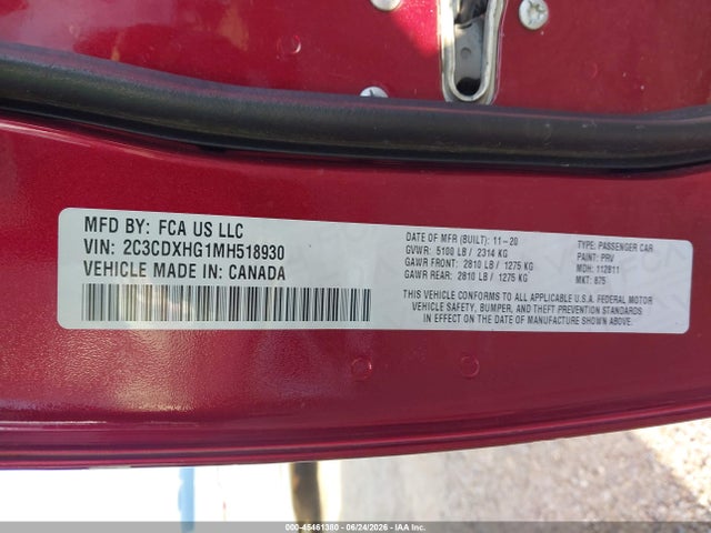 45461380 :رقم المزاد ، 2C3CDXHG1MH518930 vin ، 2021 Dodge Charger Gt Rwd مزاد بيع