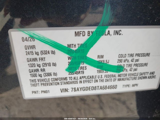 Aukcja sprzedaży 2026 Tesla Model Y Premium Rear-wheel Drive/rear-wheel Drive, vin: 7SAYGDED8TA684660, numer aukcji: 45461421