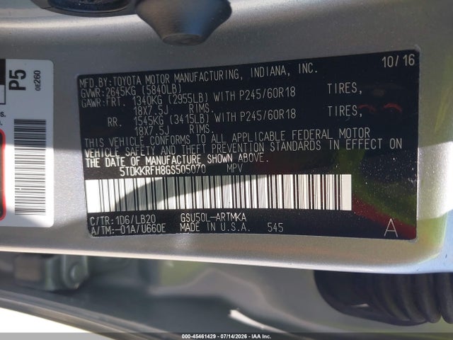 5TDKKRFH8GS505070 Toyota Highlander Xle V6
