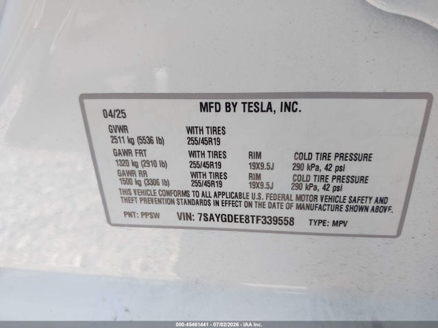 Aukcja sprzedaży 2026 Tesla Model Y All-wheel Drive/long Range Launch Series/premium All-wheel Drive, vin: 7SAYGDEE8TF339558, numer aukcji: 45461441