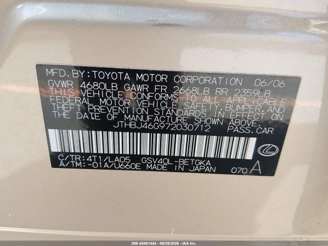 Aukcja sprzedaży 2007 Lexus Es 350, vin: JTHBJ46G972030712, numer aukcji: 45461444