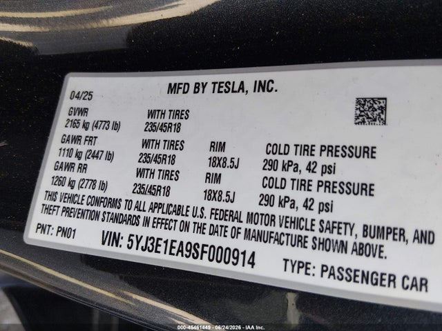 5YJ3E1EA9SF000914 Tesla Model 3 Long Range Rear-wheel Drive/standard Rear-wheel Drive