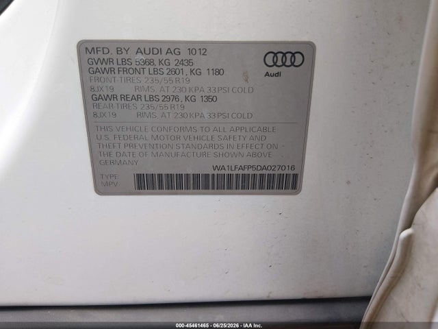 2013 Audi Q5 2.0t Premium მანქანა იყიდება აუქციონზე, vin: WA1LFAFP5DA027016, აუქციონის ნომერი: 45461465