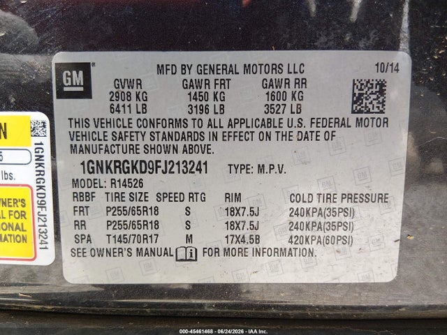 Chevrolet Traverse Lt 2015 1GNKRGKD9FJ213241 Image 9