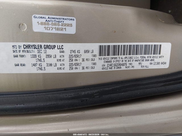 2013 Chrysler Town & Country Touring მანქანა იყიდება აუქციონზე, vin: 2C4RC1BG2DR646876, აუქციონის ნომერი: 45461472