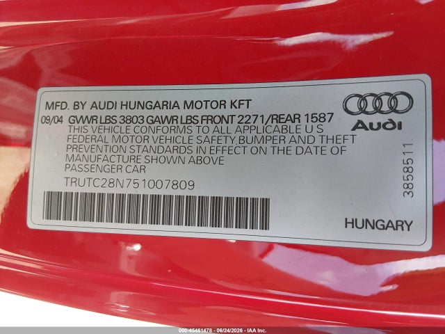 2005 Audi Tt 1.8l მანქანა იყიდება აუქციონზე, vin: TRUTC28N751007809, აუქციონის ნომერი: 45461478