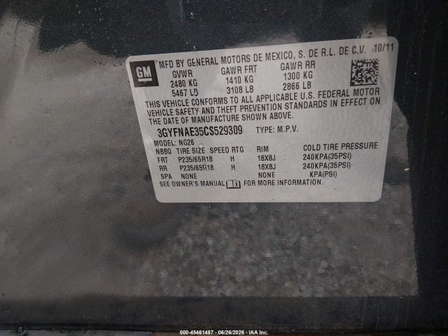 Продажа на аукционе авто 2012 Cadillac Srx Luxury Collection, vin: 3GYFNAE35CS529309, номер лота: 45461487
