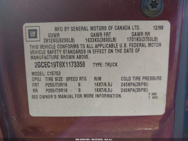 Aukcja sprzedaży 1999 Chevrolet Silverado 1500 Ls, vin: 2GCEC19T8X1173358, numer aukcji: 45461494