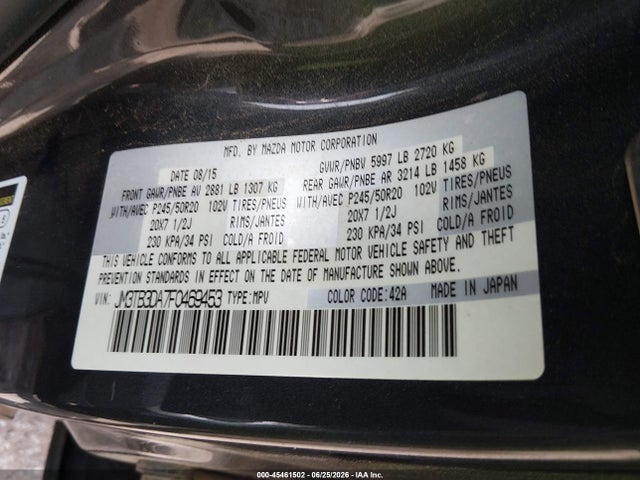 2015 Mazda Cx-9 Grand Touring მანქანა იყიდება აუქციონზე, vin: JM3TB3DA7F0469453, აუქციონის ნომერი: 45461502