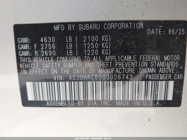 Aukcja sprzedaży 2025 Subaru Legacy Premium, vin: 4S3BWAC60S3026743, numer aukcji: 45461503