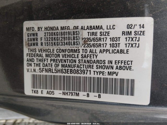 Honda Odyssey Ex-l 2014 5FNRL5H63EB083971 Image 9