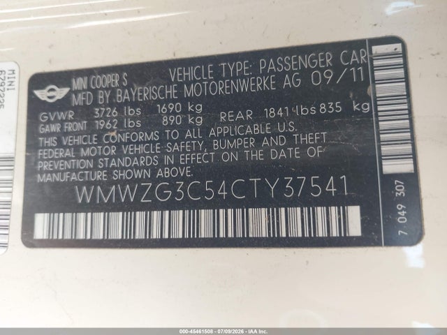 Aukcja sprzedaży 2012 Mini Cooper S Clubman, vin: WMWZG3C54CTY37541, numer aukcji: 45461508