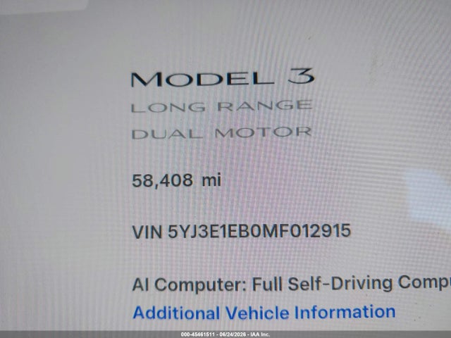 Tesla Model 3 Long Range Dual Motor All-wheel Drive 2021 5YJ3E1EB0MF012915 Image 14