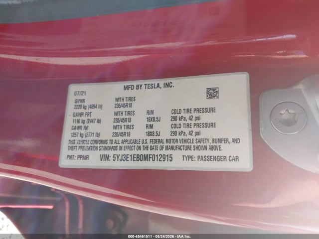 Tesla Model 3 Long Range Dual Motor All-wheel Drive 2021 5YJ3E1EB0MF012915 Image 9