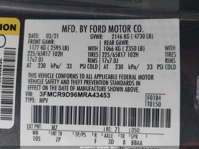 Ford Bronco Sport Badlands 2021 3FMCR9D96MRA43453 Image 9