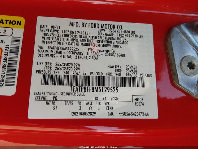 1FATP8FF8M5129525 Ford Mustang Gt Premium