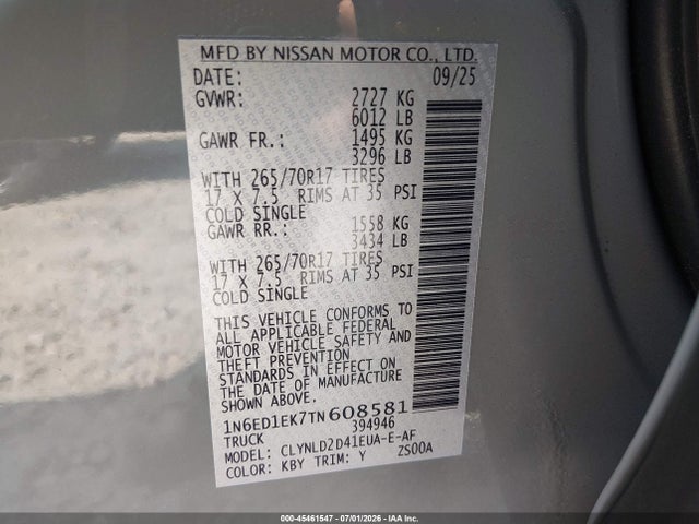 Продаж на аукціоні авто 2026 Nissan Frontier Pro-4x 4x4, vin: 1N6ED1EK7TN608581, номер лоту: 45461547
