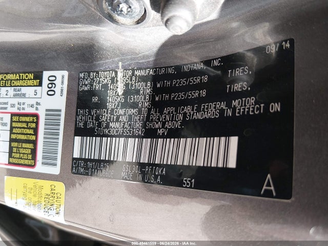 45461559 :رقم المزاد ، 5TDYK3DC7FS531642 vin ، 2015 Toyota Sienna Limited Premium 7 Passenger مزاد بيع